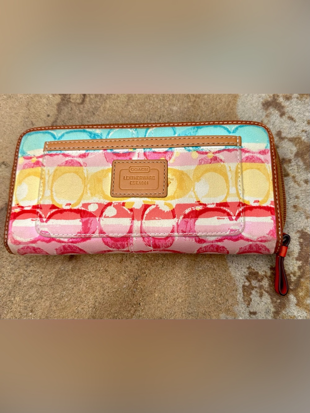 Coach ✨ Hamptons Watercolor Stripe Zip Around Wallet ✨ Vintage ✨ Y2K